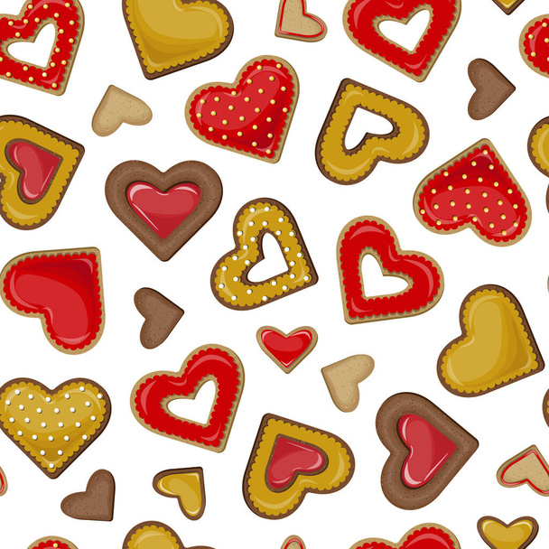 Vector seamless pattern of chocolate cookies in the form of hearts covered with golden and red glaze isolated on white background. - Vector, Imagen