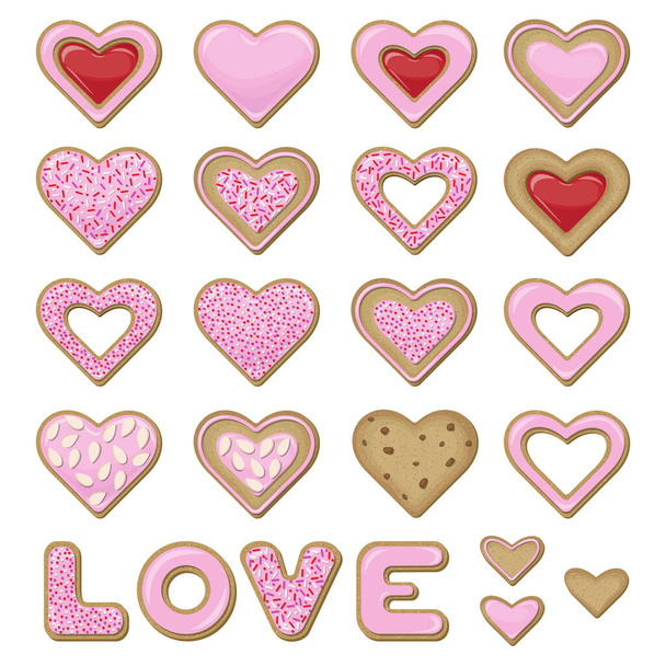 Vector set of cookies for valentine's day. Cookies in the shape of hearts and letters folded into the word LOVE and covered with pink glaze decorated with confectionery topping isolated on white. - Вектор, зображення