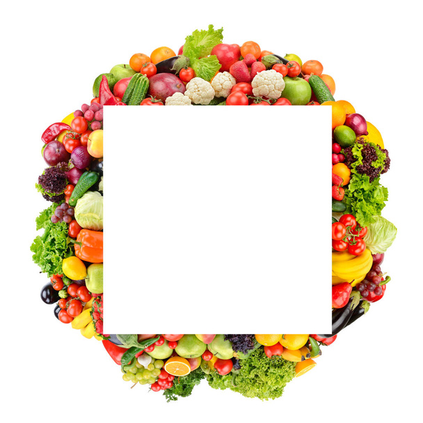 Square fruit and vegetable frame isolated on white background. Copy space - Φωτογραφία, εικόνα