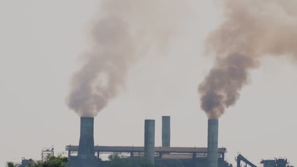 Енергоелектростанція випускає пару з диму, наповнюючи небо. Курить димарі з фабрики. Цимбали електростанції або нафтопереробного заводу в середовищі забруднення на світанку. Концепція забруднення повітря. Відеозапис B roll - Кадри, відео