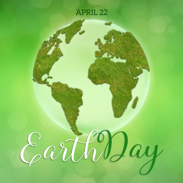 Η Ημέρα της Γης. Γη υδρόγειος με ηπείρους φτιαγμένους από γρασίδι σε πράσινο φόντο - Φωτογραφία, εικόνα