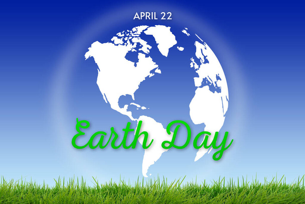Earth Day achtergrond met witte aarde bol op blauwe achtergrond met gras - Foto, afbeelding