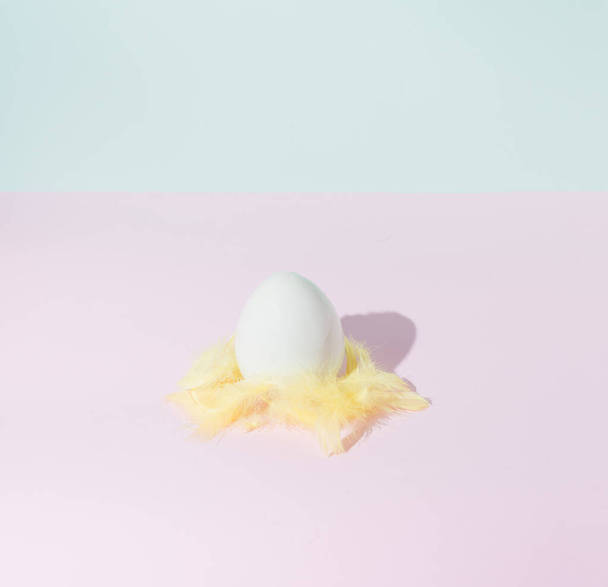Ein einfaches konzeptionelles Setting eines Ostereiers auf gelben Federn und einem unerwarteten pastellfarbenen Hintergrund. - Foto, Bild