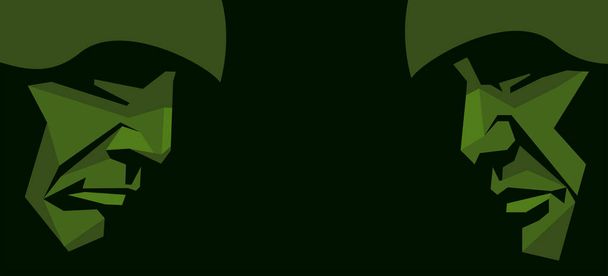 vector polygonal camouflage silhouettes in profile of two soldiers in helmets opposite each other on a black background. war, military conflict, crisis, confrontation between two armies or countries. - Vector, Image