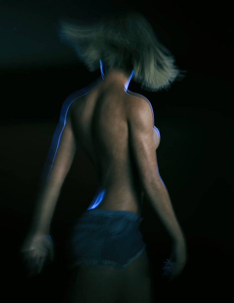 Sensual blond woman with bare upper body in jeans short pants in blue rim light. Rear view. Low key artistic studio portrait. 3D render. - Fotó, kép