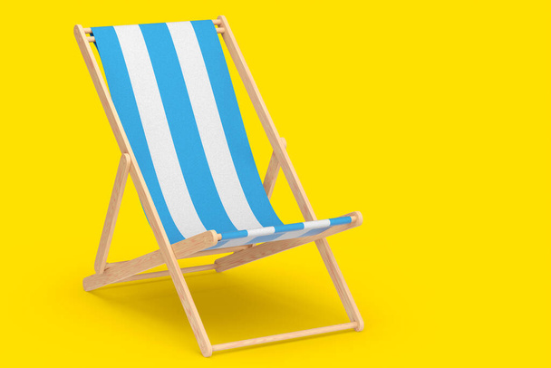 Blue striped beach chair isolated on yellow background. 3d rendering of beach and ocean vacations and summer getaways - Fotoğraf, Görsel