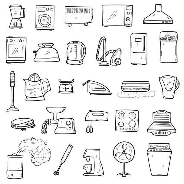 Handgetekende huishoudelijke apparaten voor thuis icoon set in doodle stijl geïsoleerd. - Vector, afbeelding
