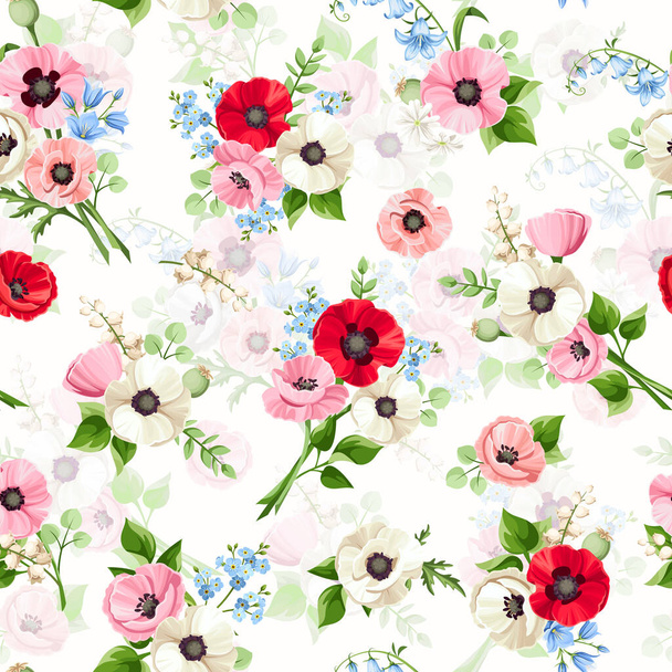 Vector seamless floral pattern with red, pink, blue, and white poppy, bluebell, forget-me-not, and lily-of-the-valley flowers on a white background - Vektor, kép