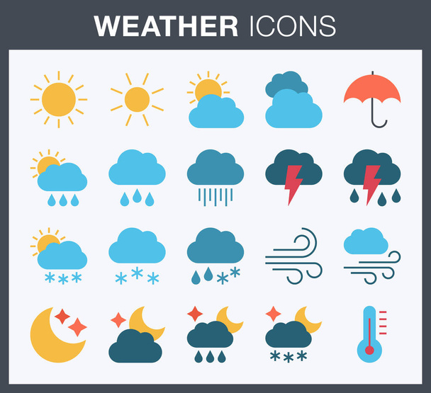 Set von flachen bunten Wettervorhersage-Symbolen. - Vektor, Bild
