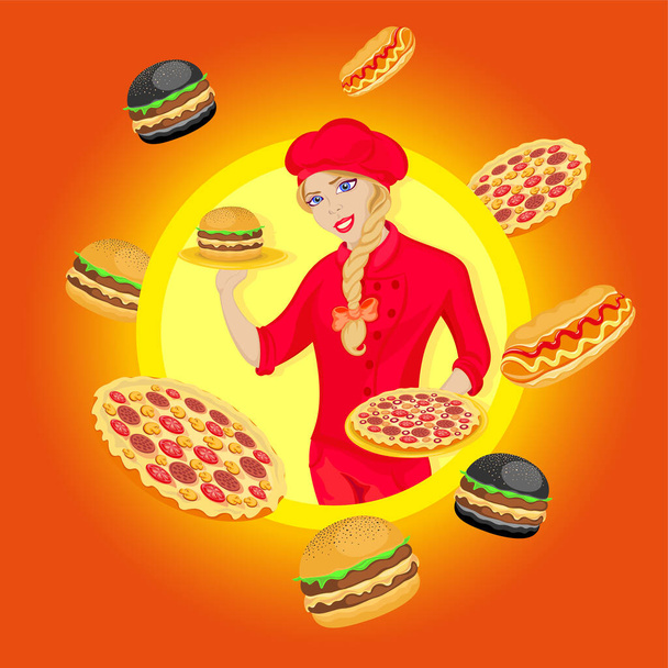 A séf lesz boldog, hogy kényeztesse Önt a különböző finom és gyors ételek, vektor illusztráció háttérrel, gyorsétterem, nagy hamburger, nagy pizza, hot dog, fekete burger - Vektor, kép