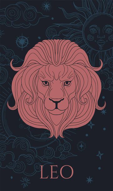  κόκκινο κεφάλι λιονταριού με αφηρημένο μπλε φόντο, ήλιος και φεγγάρι - Διάνυσμα, εικόνα