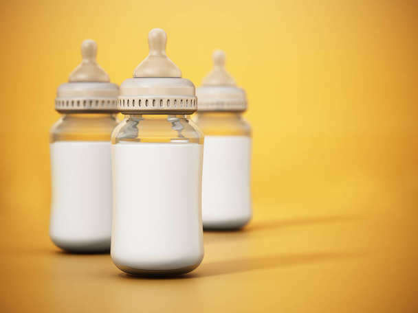 Glass baby bottles with milk isolated on yellow background. 3D illustration. - Foto, Imagen