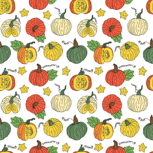 Seamless pattern with hand drawn orange, green and yellow pumpkins and flowers. White background. - Vector, Image