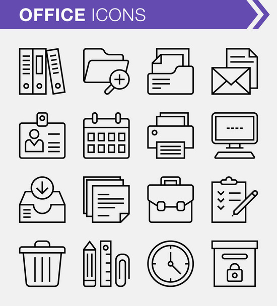 Conjunto de píxeles perfectos iconos de oficina de línea delgada. - Vector, Imagen