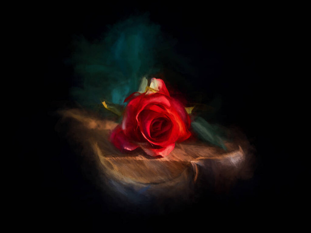 Dipinto digitale di una singola rosa rossa distesa su un pezzo di legno a forma di cuore e uno sfondo nero isolato. - Foto, immagini