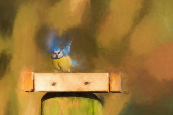 Digital painting of a Eurasian Blue Tit, Cyanistes caeruleus against a natural woodland background during winter in the UK. - Fotó, kép