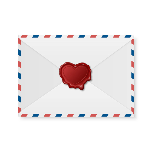 Vector 3d Realistic Vintage Heart Shaped Red Stamp, Wax Seal, White Paper Envelope. Sealing Wax, Stamp, Label for Quality Certificate, Document, Letter, Envelope Isolated. Valentine Day, Love Concept - ベクター画像