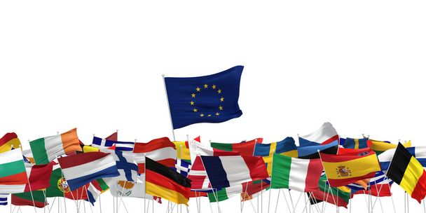 Avrupa Birliği bayrakları ve büyük Avrupa bayrağı. Beyaz arkaplan - 3B görüntüleme - Fotoğraf, Görsel