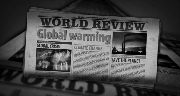 Globális felmelegedés, éghajlatváltozás, ökológiai válság és környezeti katasztrófa. Újságpapír. Vintage sajtó absztrakt koncepció. Retro 3d renderelés illusztráció. - Fotó, kép