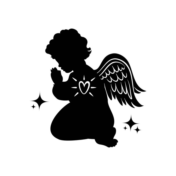 Dua eden melek çocuk, siyah siluet. Elleri dua ederken katlanmış küçük bir Noel meleği profili. Beyaz arkaplanda vektör illüstrasyonu. - Vektör, Görsel
