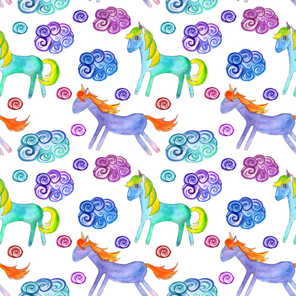 Seamless pattern of watercolor illustrations: unicorns of purple and turquoise color with clouds on a white background. - Foto, Imagem