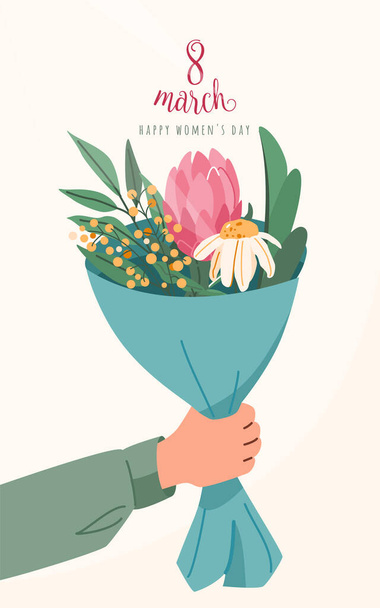 Bouquet de fleurs pour femme, homme bras tenant ou donnant. Cadeau fleuri printanier, cadeau pour la célébration du 8 mars - Vecteur, image