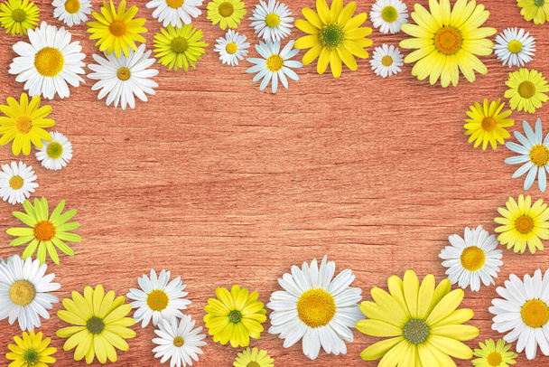 Білі і жовті ромашкові квіти на дерев'яному фоні столу. Красива весняна композиція, шаблон для дизайну, з пробілом для копіювання тексту
. - Фото, зображення