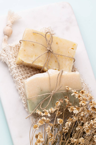 Natural handmade skincare. Organic soap bars with plants extracts. - Fotoğraf, Görsel