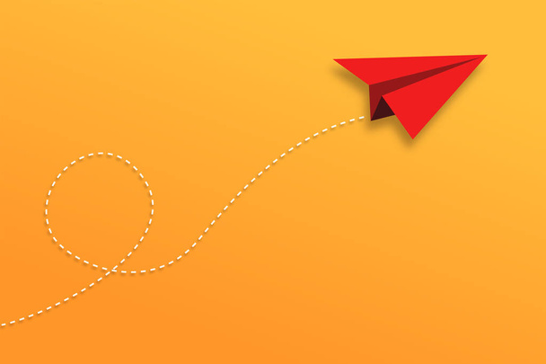 Rotes Papierflugzeug fliegt auf gelb-orangefarbenem Hintergrund - Vektor, Bild