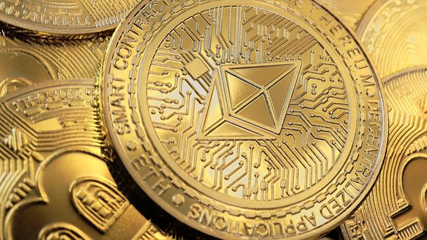 ETH, Ethereum coin on bitcoins background, cryptocurrency investing concept. - Foto, Imagem