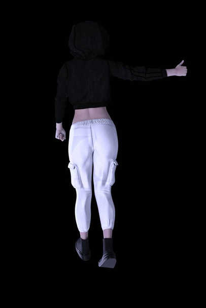 スウェットシャツを着た豪華な若い女性とパーカーのポーズ白い背景3Dイラスト - 写真・画像