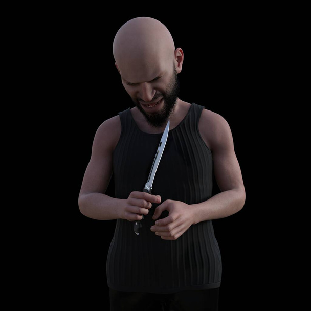 felnőtt férfi kopasz folttal és szakállal a fehér hátterén, egy bűnöző késsel a kezében. Egy veszélyes bűnöző 3D-s illusztrációja - Fotó, kép