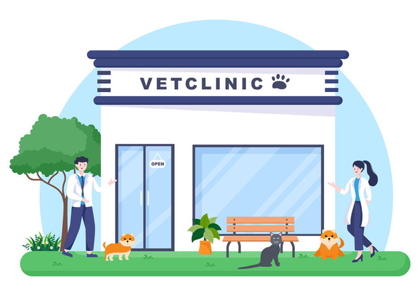 Κτηνιατρική Κλινική Γιατρός Εξέταση, Εμβολιασμός και Υγεία για τα κατοικίδια ζώα, όπως τα σκυλιά και οι γάτες σε επίπεδο φόντο κινουμένων σχεδίων Διάνυσμα Εικονογράφηση για Αφίσα ή Banner - Διάνυσμα, εικόνα