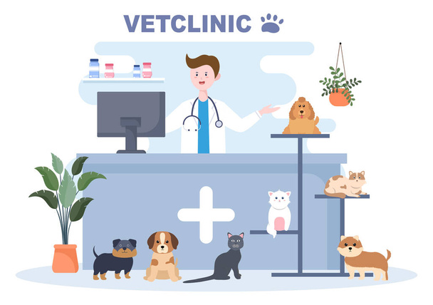 Clinica veterinaria Medico esame, vaccinazione e assistenza sanitaria per animali domestici come cani e gatti in cartoni animati piatti Illustrazione vettoriale per poster o banner - Vettoriali, immagini
