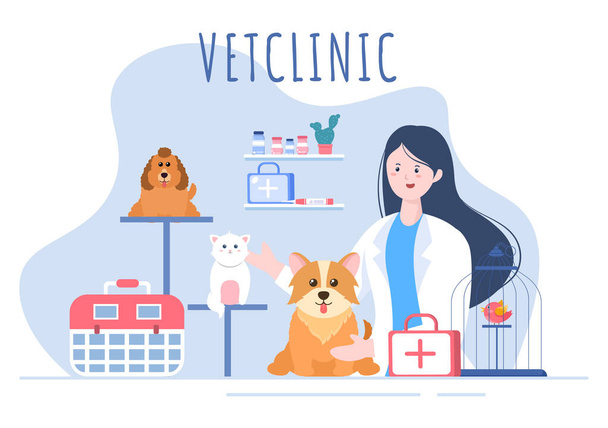 Állatorvosi Klinika Orvos Vizsgálat, oltás és egészségügyi ellátás háziállatok, mint a kutyák és macskák lapos rajzfilm háttér vektor illusztráció plakát vagy banner - Vektor, kép