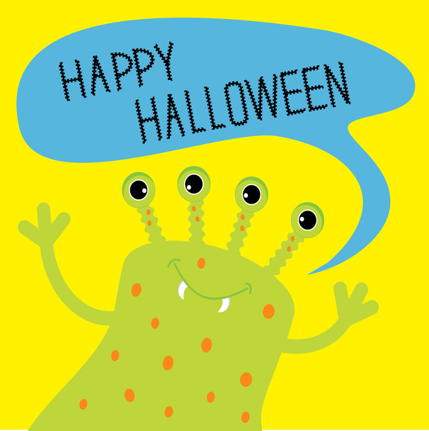 Cute green monster with speech text bubble. Happy Halloween card - Wektor, obraz