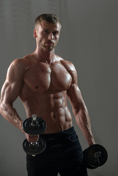 Sexy sporty torso, man with dumbbells. Strong muscular man. Workout lifestyle concept. Handsome man doing functional training workout. - Foto, Imagem