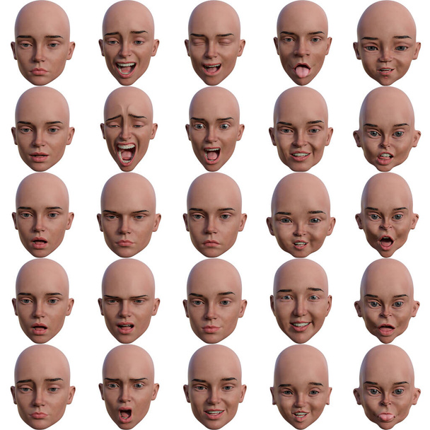 verzameling vrouwelijke hoofden met gezichten en haar met verschillende uitdrukkingen en emoties - Foto, afbeelding