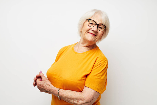 emotional elderly woman vision problems with glasses close-up - Foto, Imagem