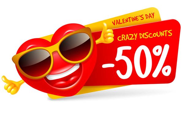 Happy Valentines Day label or badge for festive sale with cheerful heart which laughing and show thumb up. Crazy discounts. Percentage tag. Vector illustration. - Vector, Image