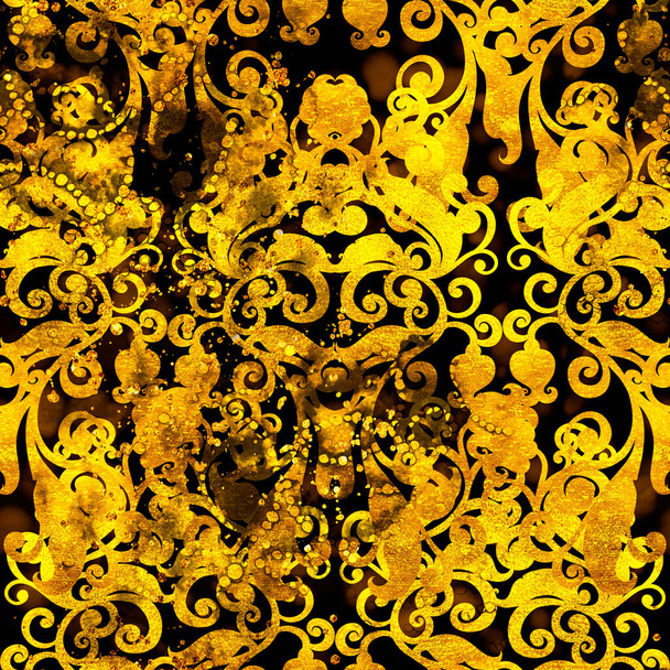 黄金の透かし彫りの渦-自然の動機のシルエット-輝く高齢者のヴィンテージシームレスなパターン。水彩とアクリルの質感のデジタルアート。混合メディアアートワーク。無限の花のモチーフ  - 写真・画像