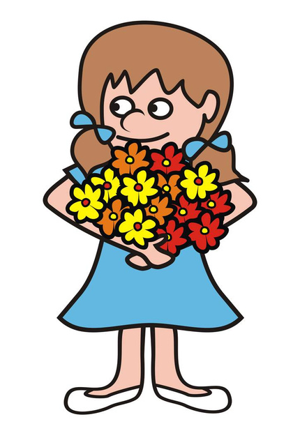 Girl with group of flowers, bouquet, isolated picture, funny vector illustration - Vector, Image