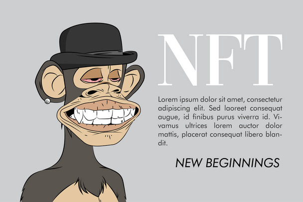 Verveelde aap jachtclub NFT artwork variant. Zwarte aap met bowler hoed kostuum. Illustratie voor tijdschriftenomslag, nieuwsbanner en poster. - Vector, afbeelding