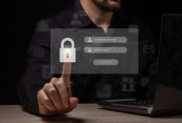 インターネット上の個人データのサイバーセキュリティの概念。ユーザーの個人情報への安全なアクセス。ログインとパスワードの入力 - 写真・画像