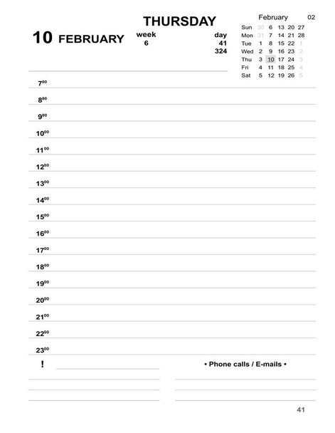 カレンダー2022年2月日付のテンプレート。2月10日毎日セルでビジネスのための印刷可能な毎日のプランナーを埋めるためにプランナー。2022年2月日記。2022年2月エントリー用日記。日記. - 写真・画像