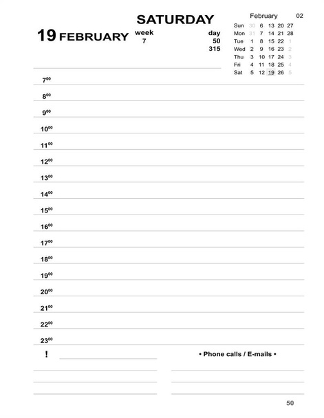 カレンダー2022年2月日付のテンプレート。2月19日毎日携帯電話でビジネスのための印刷可能な毎日のプランナーを埋めるためにプランナー。2022年2月日記。2022年2月エントリー用日記。日記. - 写真・画像