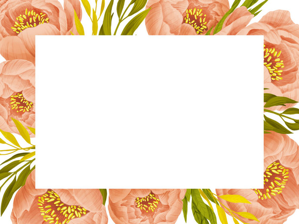 Приглашение пионов. Розовые цветы и листья на белом фоне. Ручная иллюстрация - Фото, изображение
