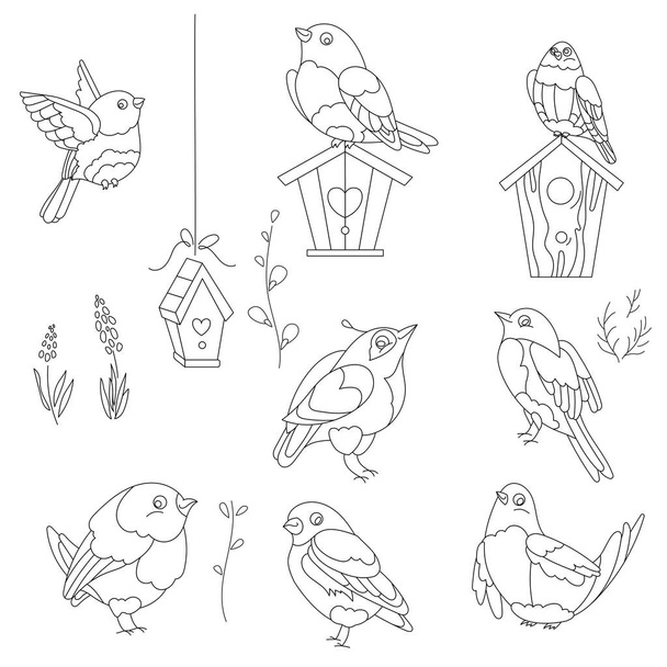 Traditional small birds and birdhouses for season design. Cute Easter decor. Spring festive elements. Black and white.  Hand drawn illustration in zentangle style for children and adults, tattoo. - Vecteur, image