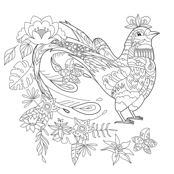Contour linear illustration for coloring book with paradise bird in flowers. Tropic bird, anti stress picture. Line art design for adult or kids in zen-tangle style, tattoo and coloring page. - Wektor, obraz