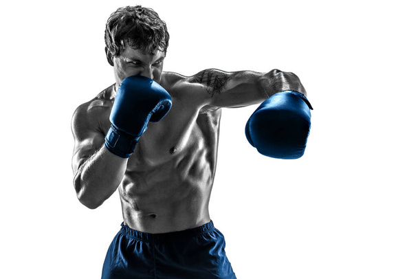 Portrait of boxer who practicing left hook in blue gloves on white background. Black and white body  - Zdjęcie, obraz